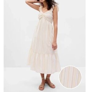 GAP Ruched Tiered Cream & Gold Striped Midi Dress –‎ Size XS